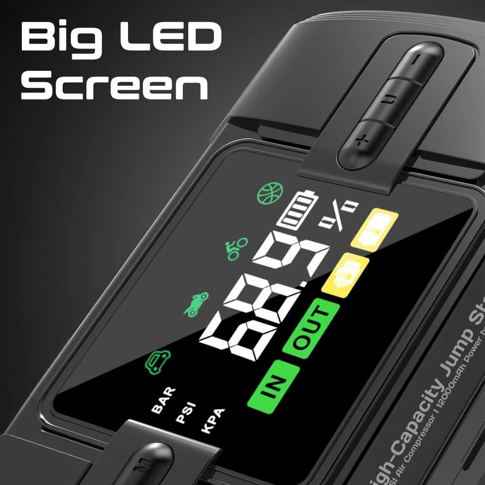 Peomate PatrolPack-3 | باوربانك تشغيل سيارة 1200A مع منفاخ هواء ومصباح LED وشاشة LCD