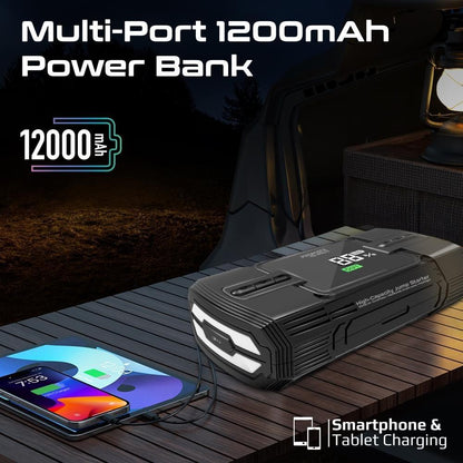 Peomate PatrolPack-3 | باوربانك تشغيل سيارة 1200A مع منفاخ هواء ومصباح LED وشاشة LCD