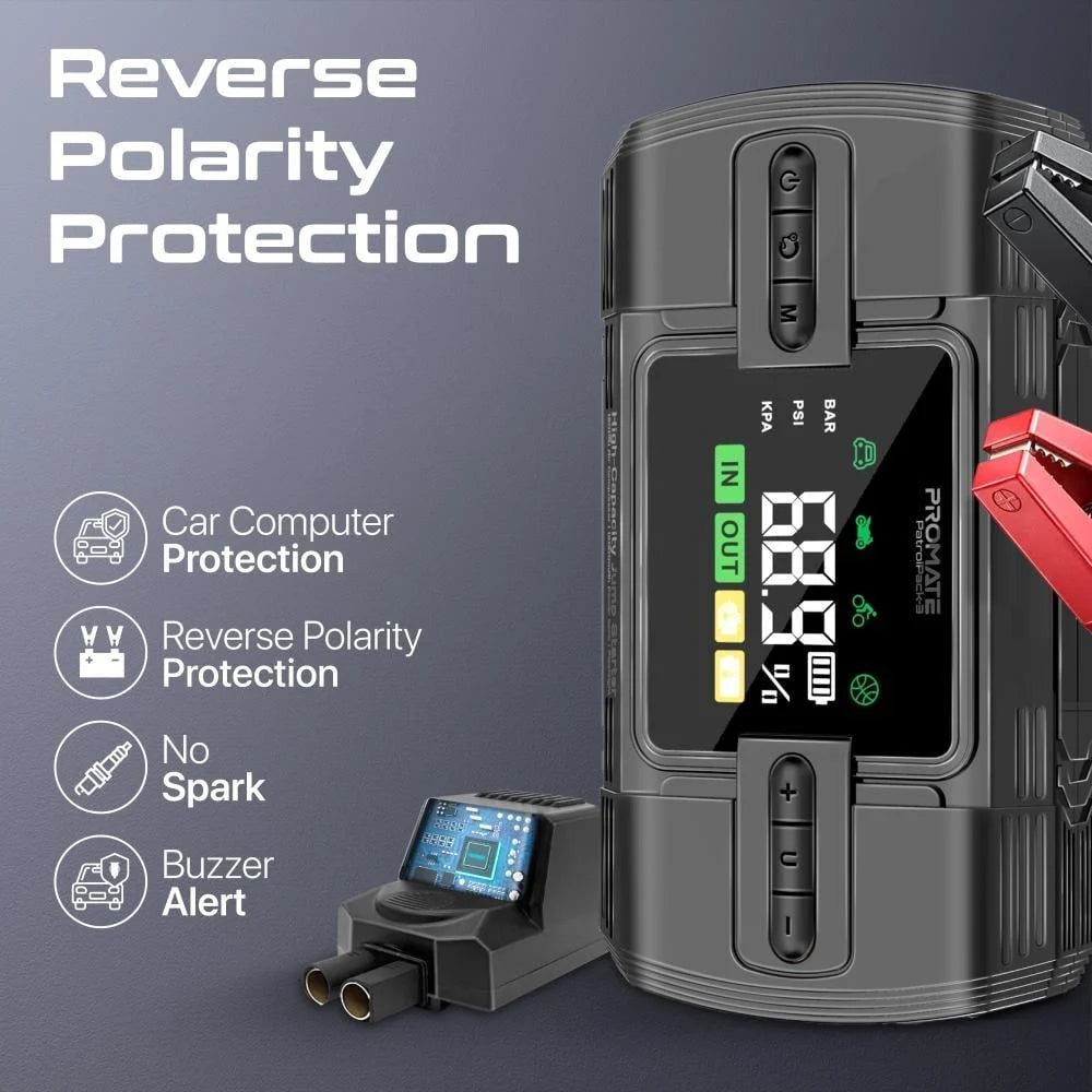 Peomate PatrolPack-3 | باوربانك تشغيل سيارة 1200A مع منفاخ هواء ومصباح LED وشاشة LCD